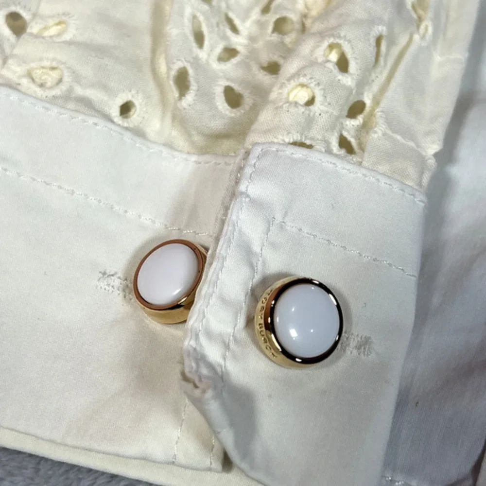 Tory Burch Blouse Womens Size 8 Off White Cream Top Eyelet Button Down Cuff Link